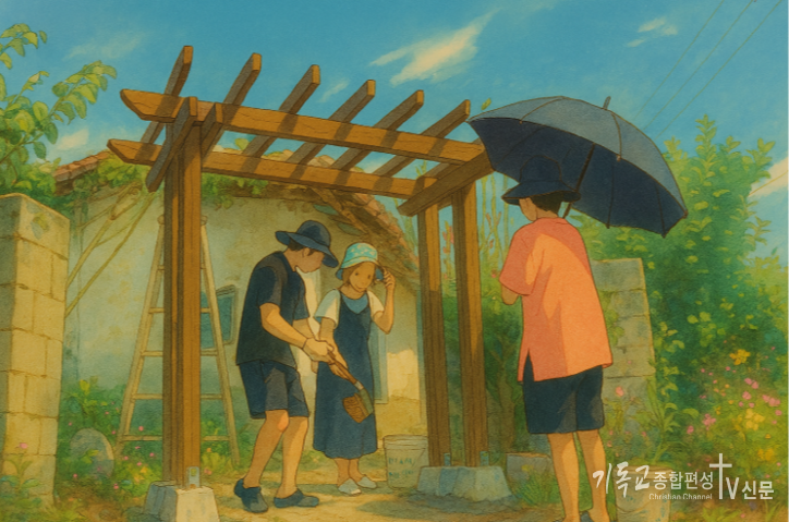 시골집의 대문을 만들어주며 구슬땀을 흘리고 있는 작은 천사들. /사진=CTVNtv<br>
